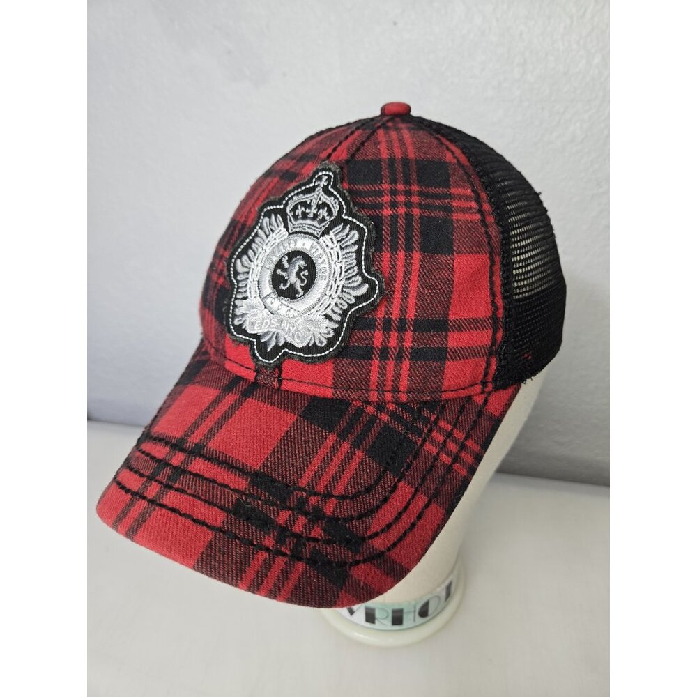 Express Hat Cap Snap Back Red Black Plaid Mesh Trucker Patch S/M Mens Streetwear